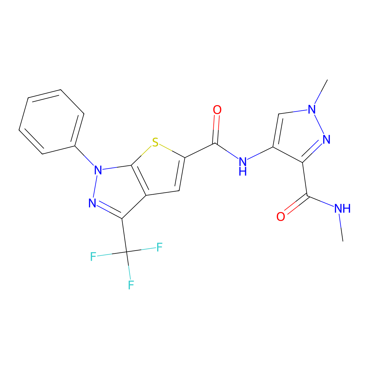 N-[1-methyl-3-(methylcarbamoyl)-1H-pyrazol-4-yl]-1-phenyl-3-(trifluoromethyl)-1H-thieno[2,3-c]pyrazole-5-carboxamide molecular structure, CAS 1006357-99-8