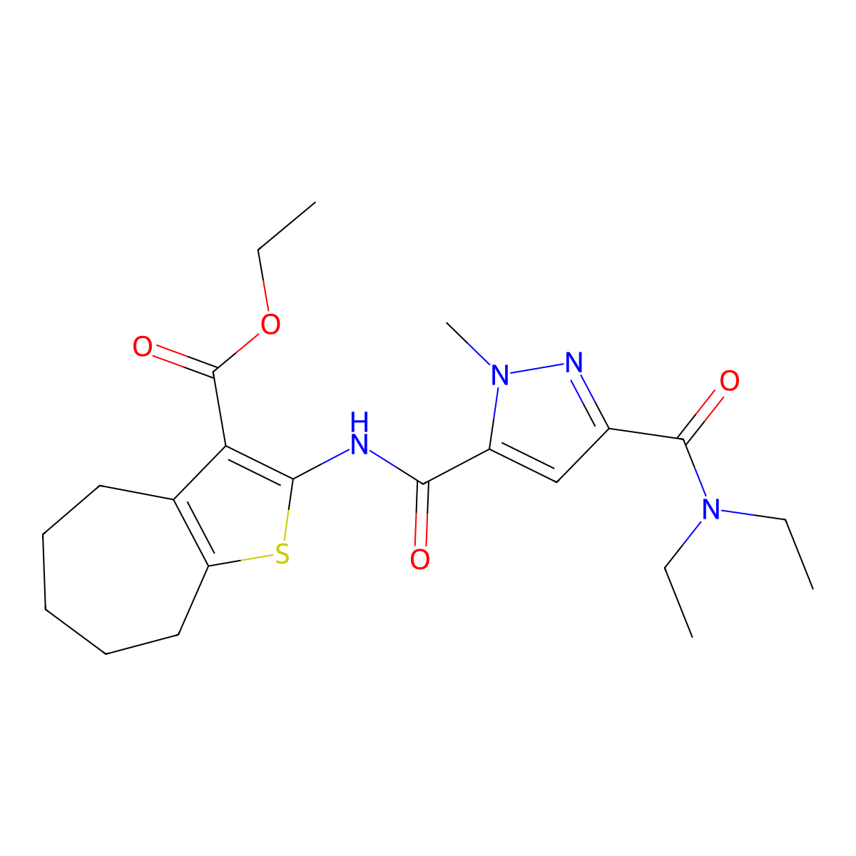 ethyl 2-({[3-(diethylcarbamoyl)-1-methyl-1H-pyrazol-5-yl]carbonyl}amino)-5,6,7,8-tetrahydro-4H-cyclohepta[b]thiophene-3-carboxylate molecular structure, CAS 1006360-48-0