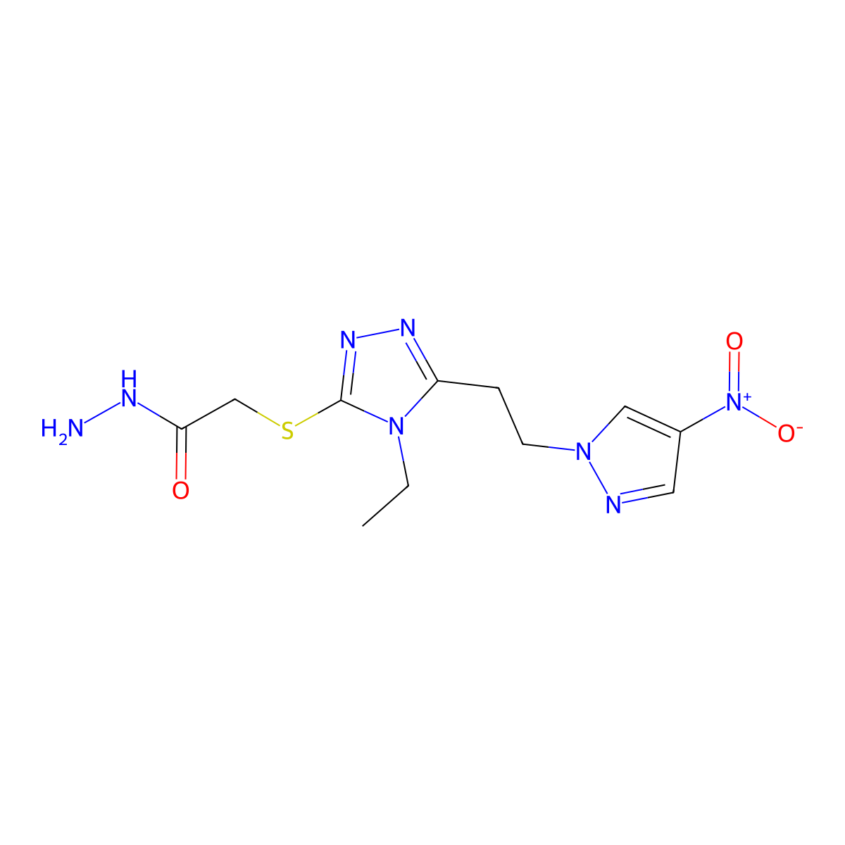 2-({4-ethyl-5-[2-(4-nitro-1H-pyrazol-1-yl)ethyl]-4H-1,2,4-triazol-3-yl}sulfanyl)acetohydrazide molecular structure, CAS 1006433-67-5