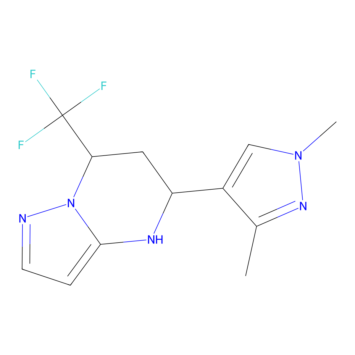 5-(1,3-dimethyl-1H-pyrazol-4-yl)-7-(trifluoromethyl)-4,5,6,7-tetrahydropyrazolo[1,5-a]pyrimidine molecular structure, CAS 1006434-36-1