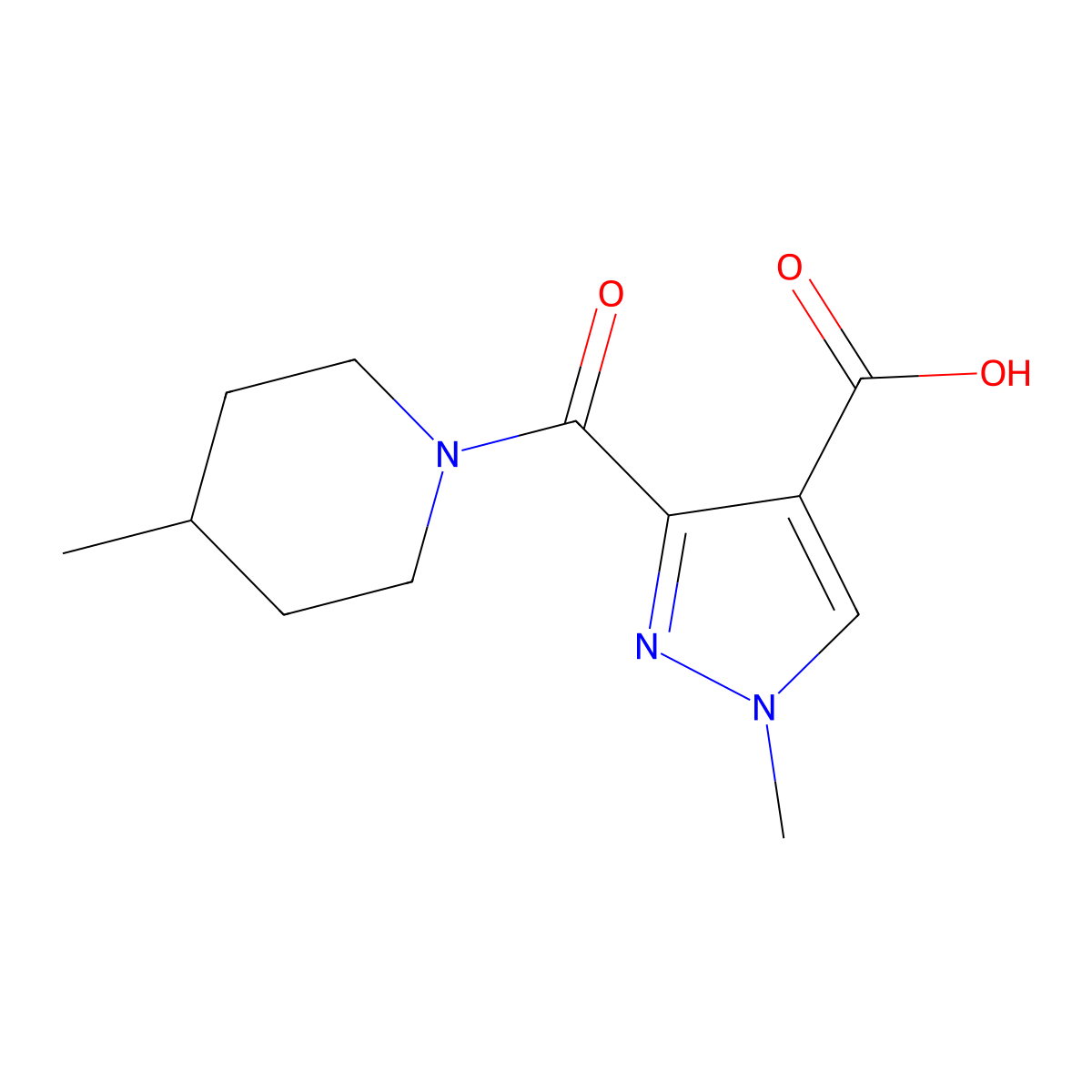 1-methyl-3-[(4-methylpiperidin-1-yl)carbonyl]-1H-pyrazole-4-carboxylic acid molecular structure, CAS 1006440-59-0