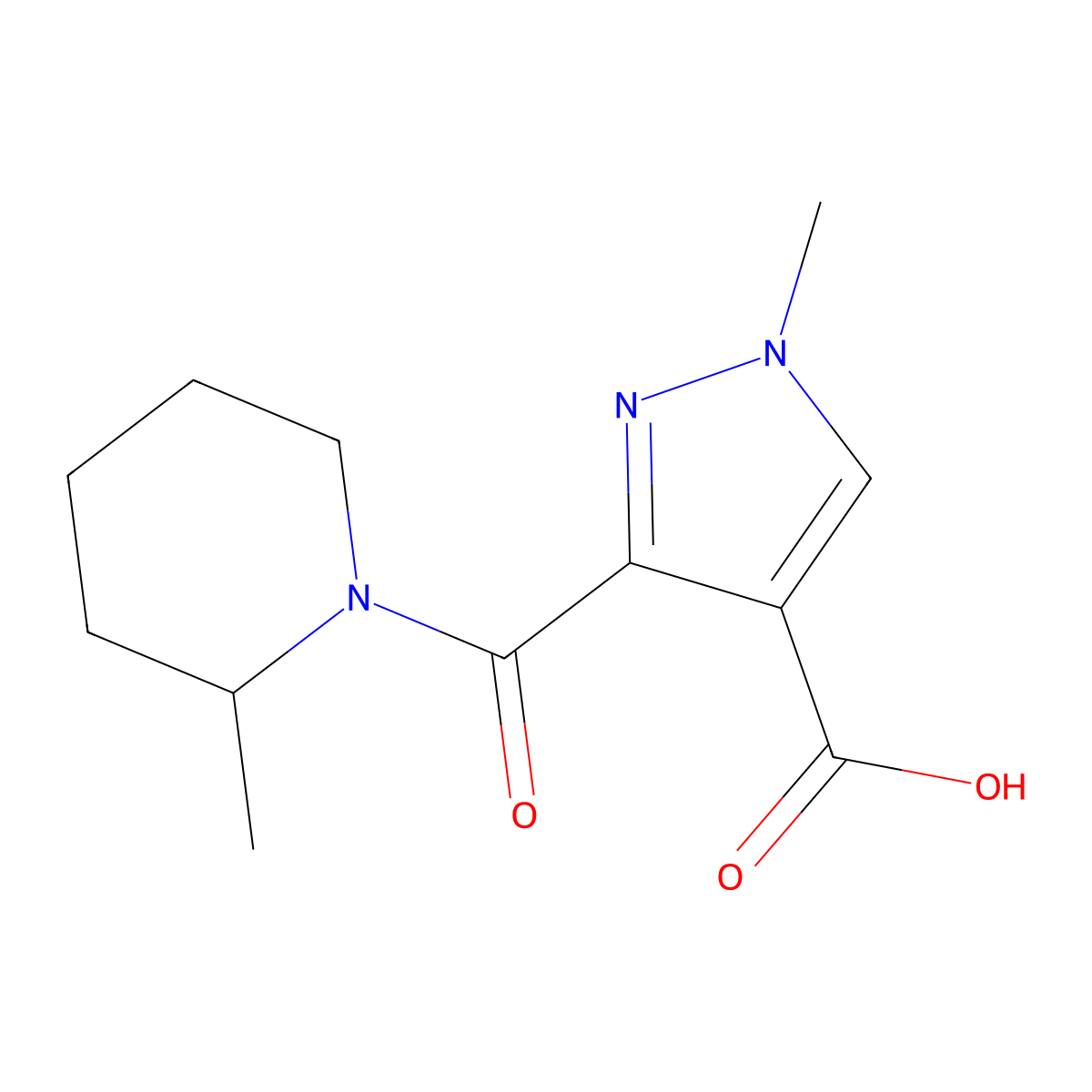 1-methyl-3-[(2-methylpiperidin-1-yl)carbonyl]-1H-pyrazole-4-carboxylic acid molecular structure, CAS 1006440-63-6