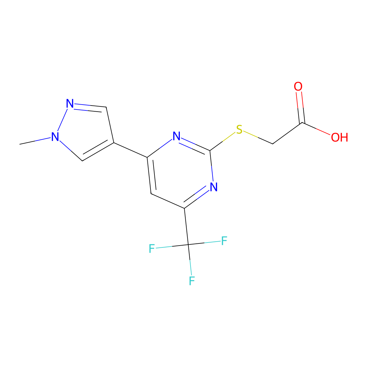 2-((4-(1-Methyl-1H-pyrazol-4-yl)-6-(trifluoromethyl)pyrimidin-2-yl)thio)acetic acid molecular structure, CAS 1006440-64-7