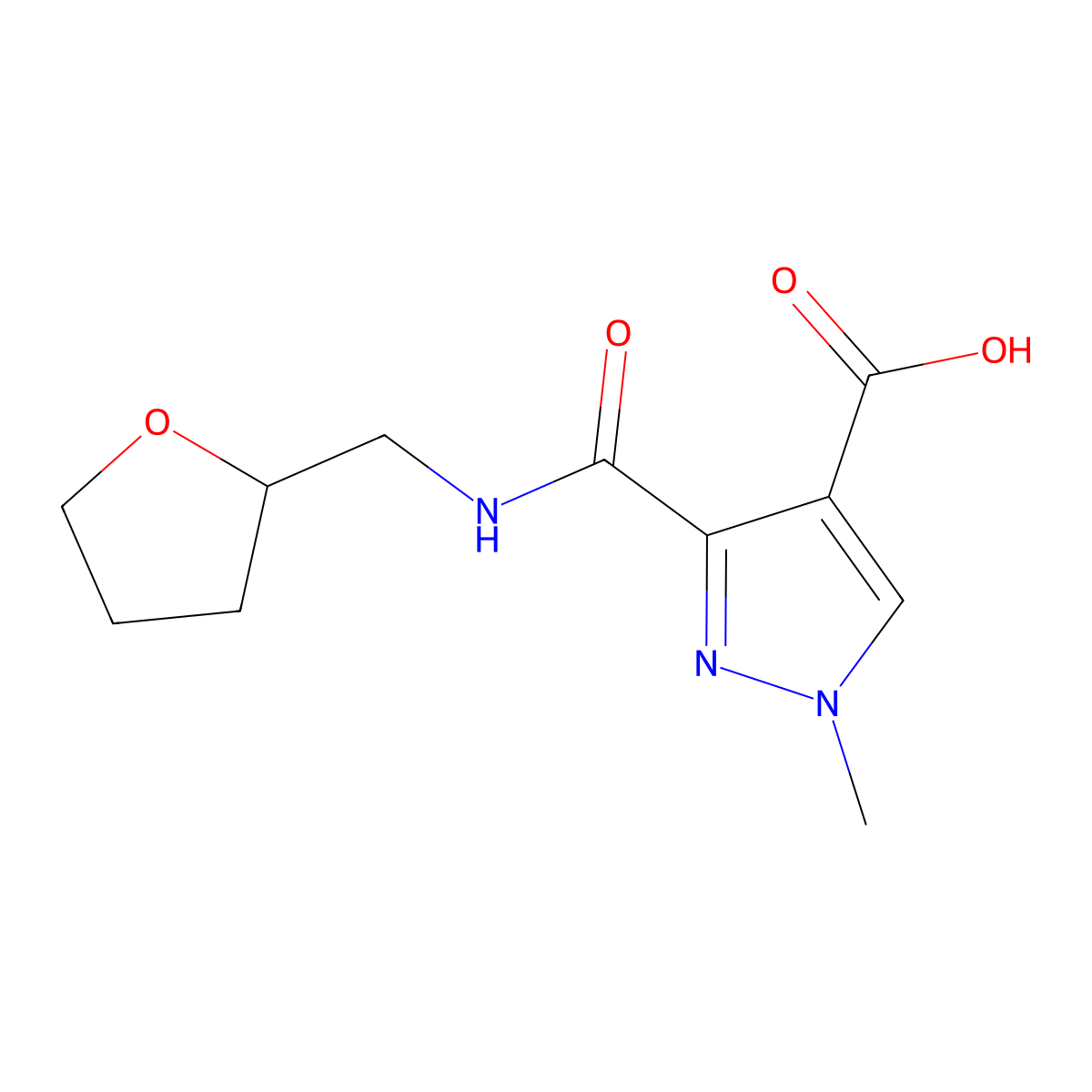 1-Methyl-3-(((tetrahydrofuran-2-yl)methyl)carbamoyl)-1H-pyrazole-4-carboxylic acid molecular structure, CAS 1006440-66-9