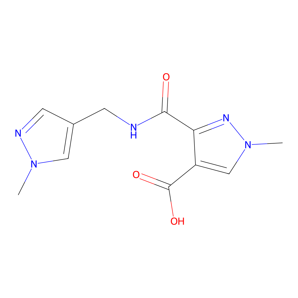 1-Methyl-3-(((1-methyl-1H-pyrazol-4-yl)methyl)carbamoyl)-1H-pyrazole-4-carboxylic acid molecular structure, CAS 1006441-05-9