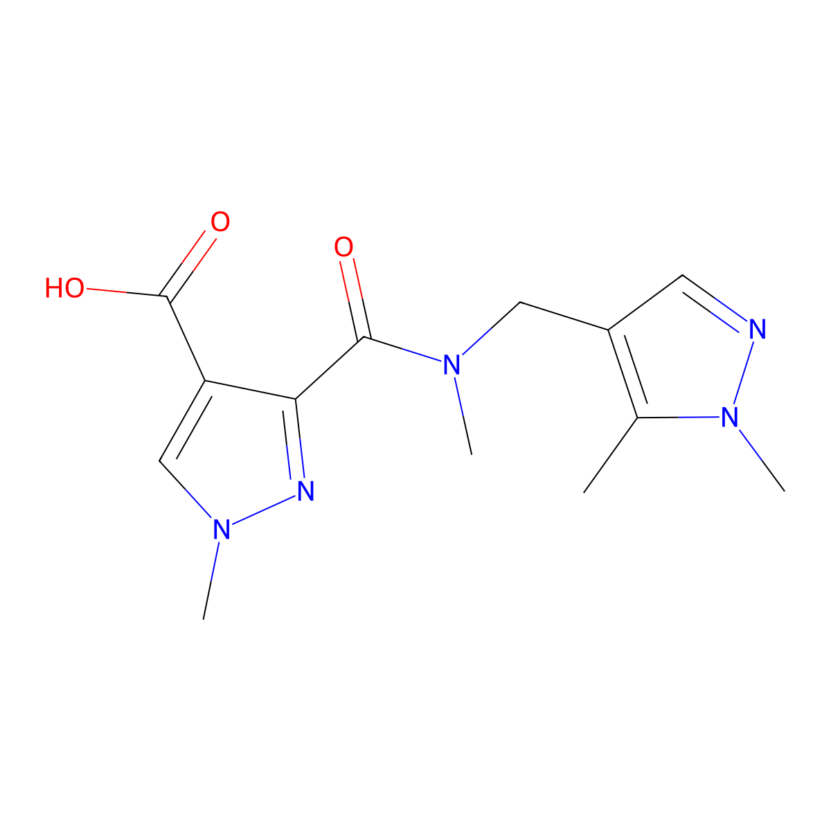 3-(((1,5-Dimethyl-1H-pyrazol-4-yl)methyl)(methyl)carbamoyl)-1-methyl-1H-pyrazole-4-carboxylic acid molecular structure, CAS 1006441-46-8