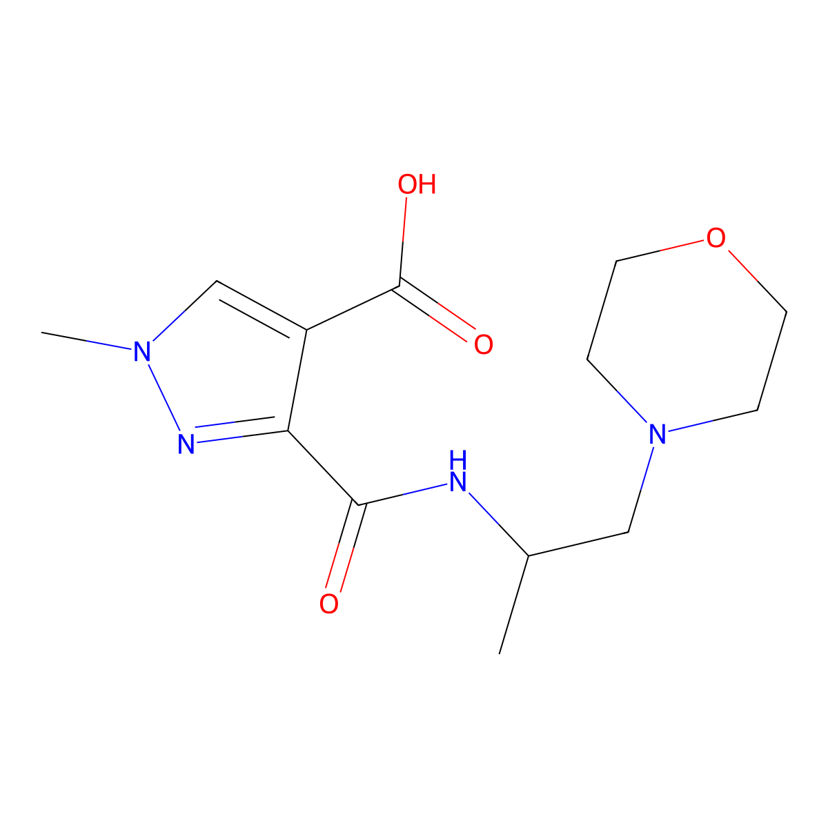 1-methyl-3-[N-(1-methyl-2-morpholin-4-ylethyl)carbamoyl]pyrazole-4-carboxylic acid molecular structure, CAS 1006441-50-4