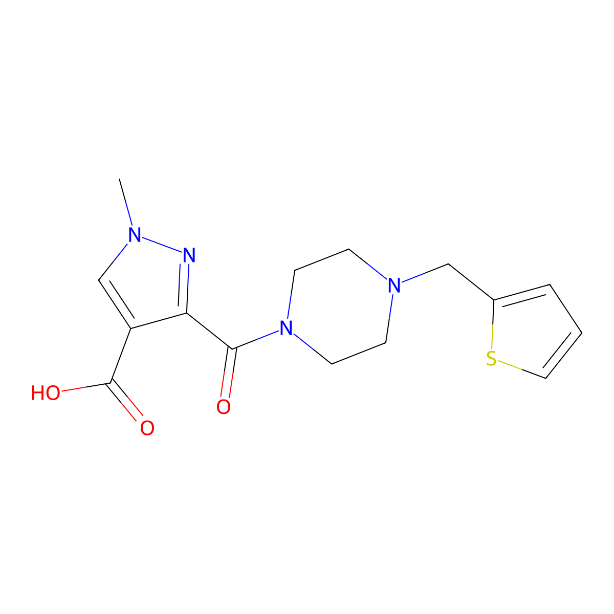 1-methyl-3-{[4-(thiophen-2-ylmethyl)piperazin-1-yl]carbonyl}-1H-pyrazole-4-carboxylic acid molecular structure, CAS 1006441-79-7