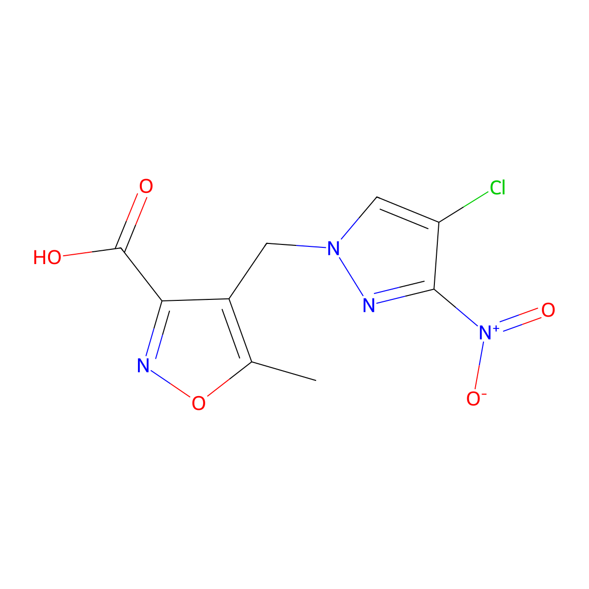 4-[(4-Chloro-3-nitro-1H-pyrazol-1-YL)methyl]-5-methylisoxazole-3-carboxylic acid molecular structure, CAS 1006441-88-8