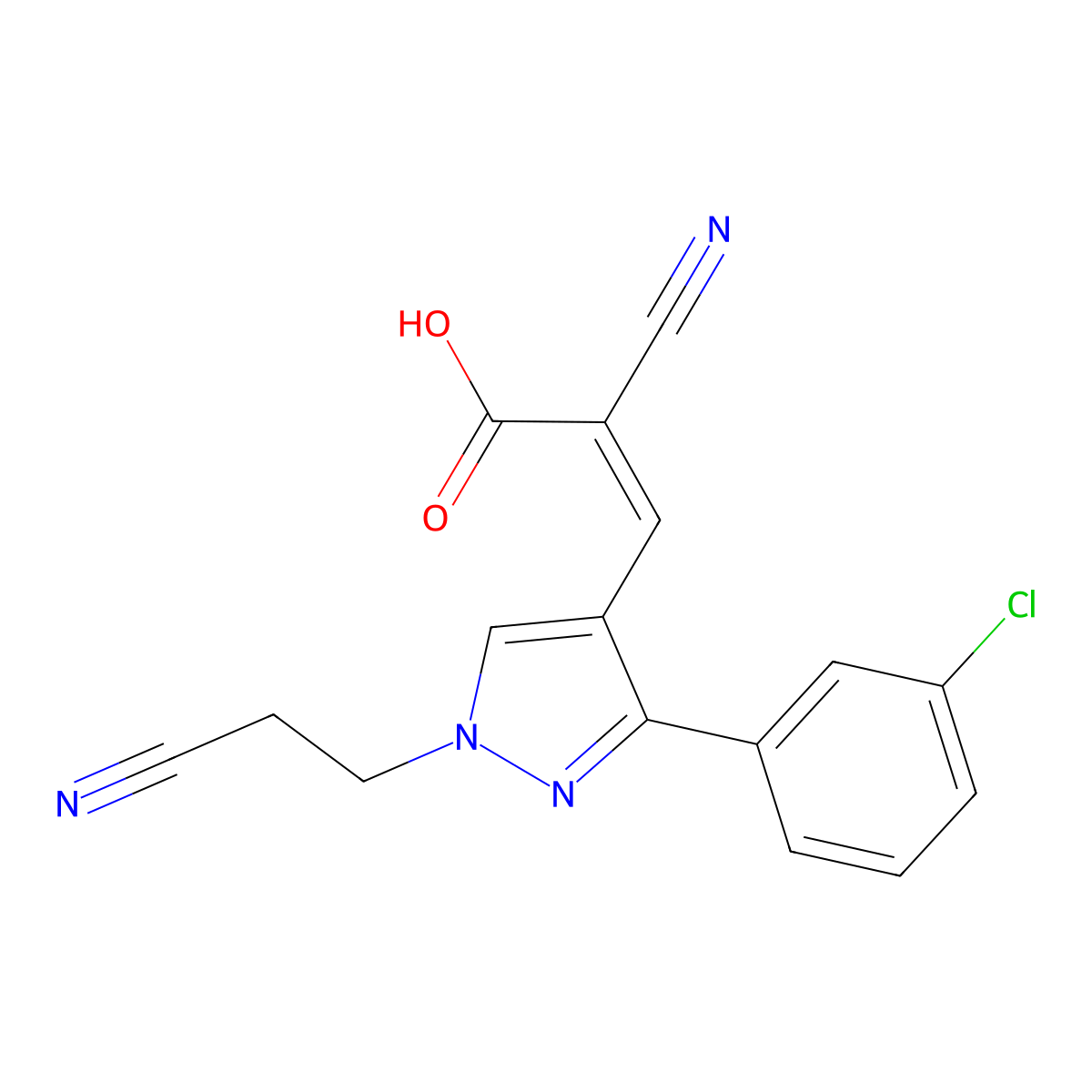 3-[3-(3-Chlorophenyl)-1-(2-cyanoethyl)-1H-pyrazol-4-yl]-2-cyanoprop-2-enoic acid molecular structure, CAS 1006442-26-7