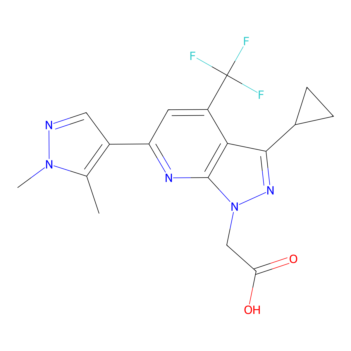 2-(3-Cyclopropyl-6-(1,5-dimethyl-1H-pyrazol-4-yl)-4-(trifluoromethyl)-1H-pyrazolo[3,4-b]pyridin-1-yl)acetic acid molecular structure, CAS 1006444-33-2