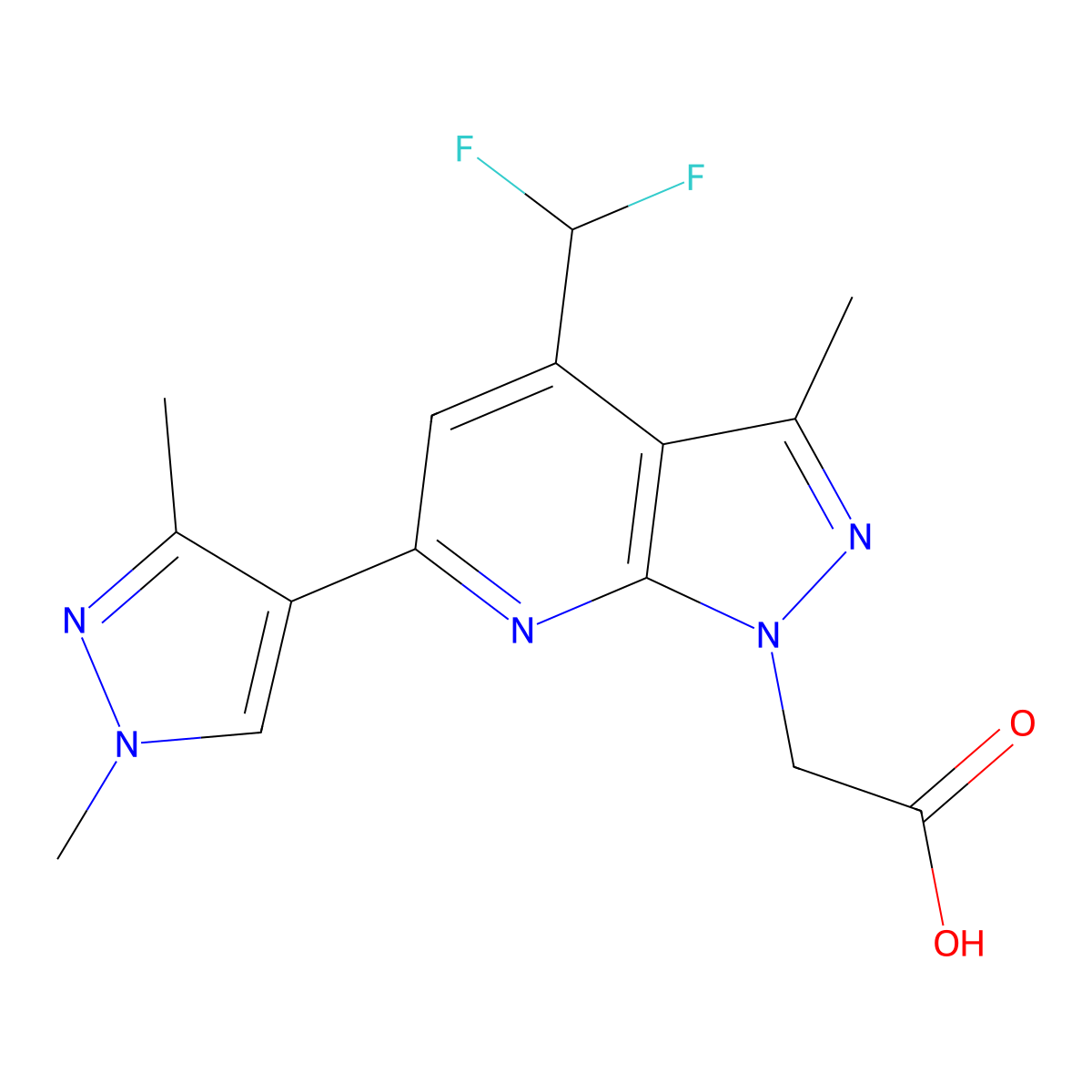 2-(4-(Difluoromethyl)-6-(1,3-dimethyl-1H-pyrazol-4-yl)-3-methyl-1H-pyrazolo[3,4-b]pyridin-1-yl)acetic acid molecular structure, CAS 1006444-98-9