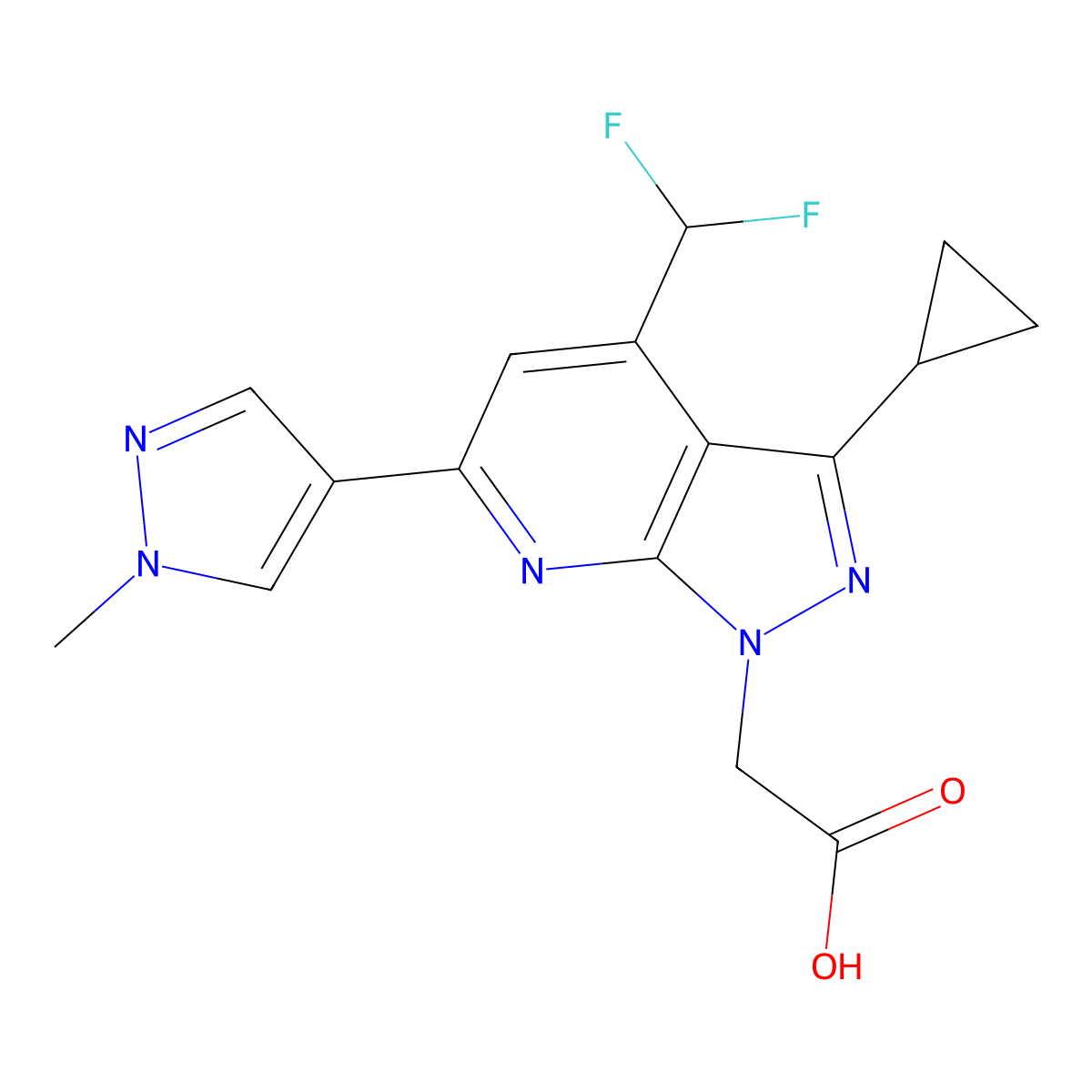 2-(3-Cyclopropyl-4-(difluoromethyl)-6-(1-methyl-1H-pyrazol-4-yl)-1H-pyrazolo[3,4-b]pyridin-1-yl)acetic acid molecular structure, CAS 1006445-08-4
