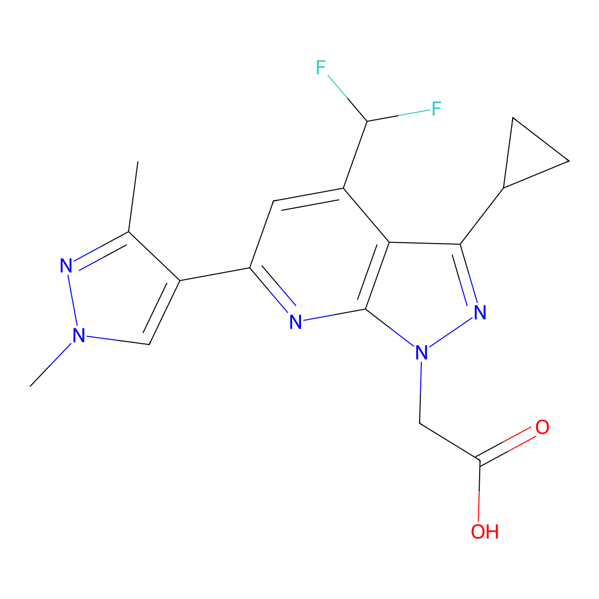 2-(3-Cyclopropyl-4-(difluoromethyl)-6-(1,3-dimethyl-1H-pyrazol-4-yl)-1H-pyrazolo[3,4-b]pyridin-1-yl)acetic acid molecular structure, CAS 1006445-13-1
