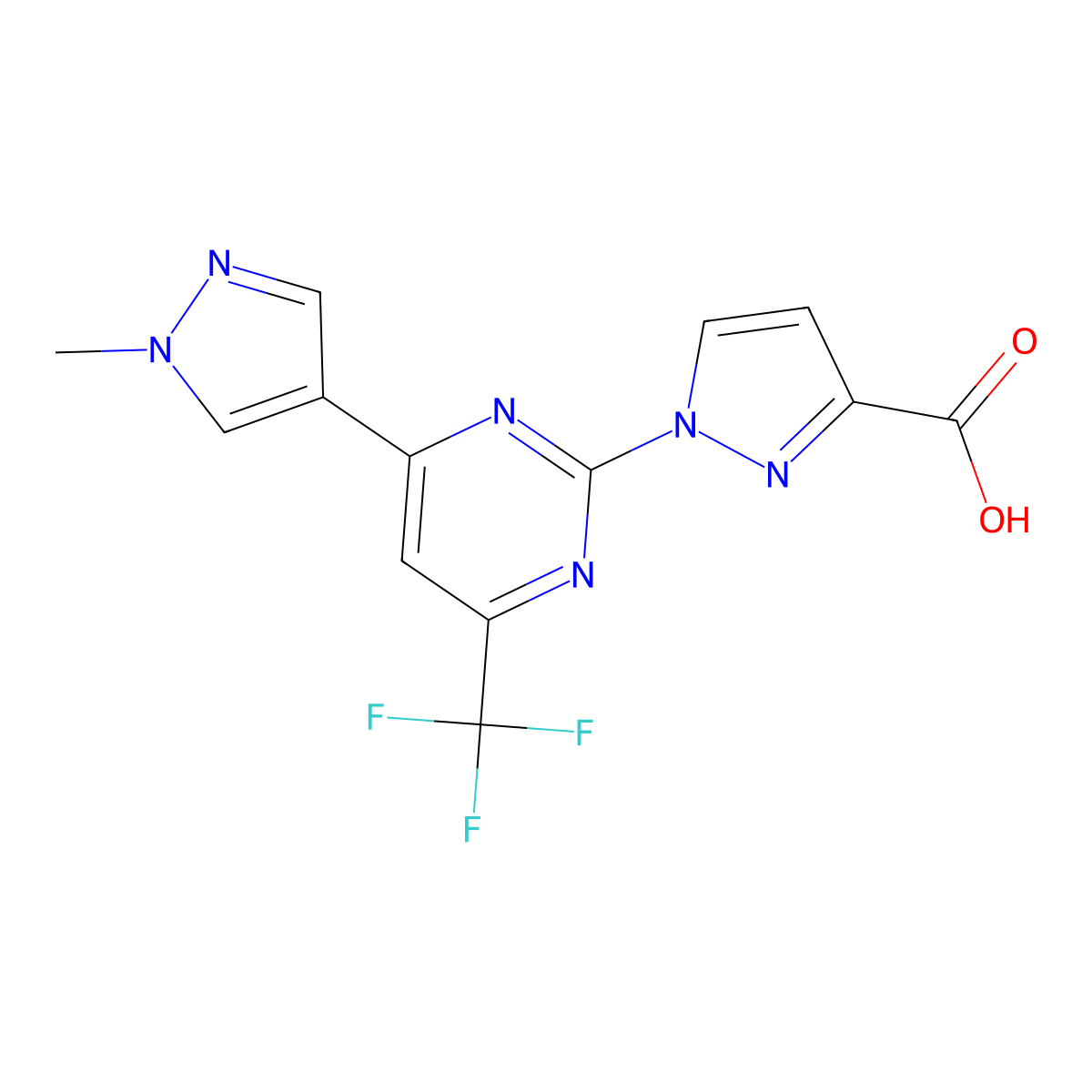 1-[4-(1-Methyl-1H-pyrazol-4-YL)-6-(trifluoromethyl)pyrimidin-2-YL]-1H-pyrazole-3-carboxylic acid molecular structure, CAS 1006448-03-8