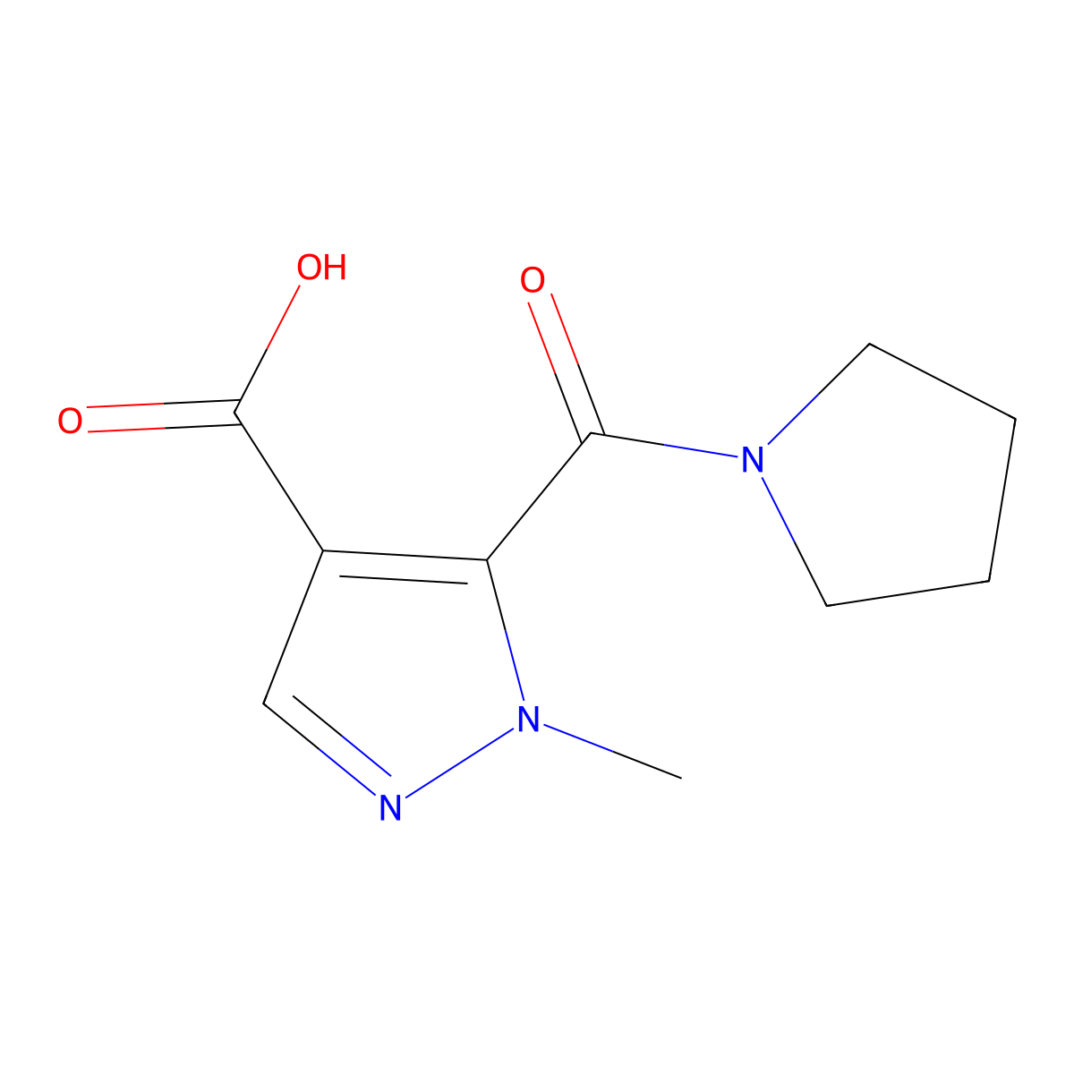 1-methyl-5-(pyrrolidin-1-ylcarbonyl)-1H-pyrazole-4-carboxylic acid molecular structure, CAS 1006455-16-8