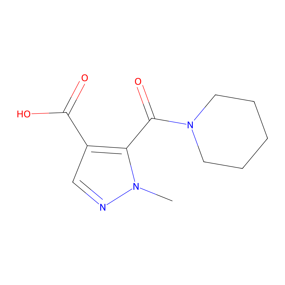 1-Methyl-5-(piperidylcarbonyl)pyrazole-4-carboxylic acid molecular structure, CAS 1006455-26-0