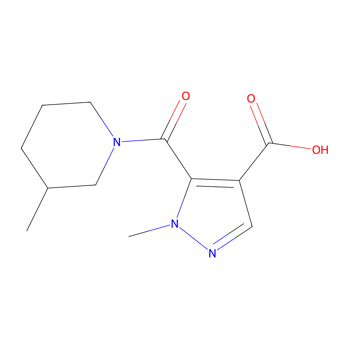 1-methyl-5-[(3-methylpiperidin-1-yl)carbonyl]-1H-pyrazole-4-carboxylic acid molecular structure, CAS 1006455-47-5