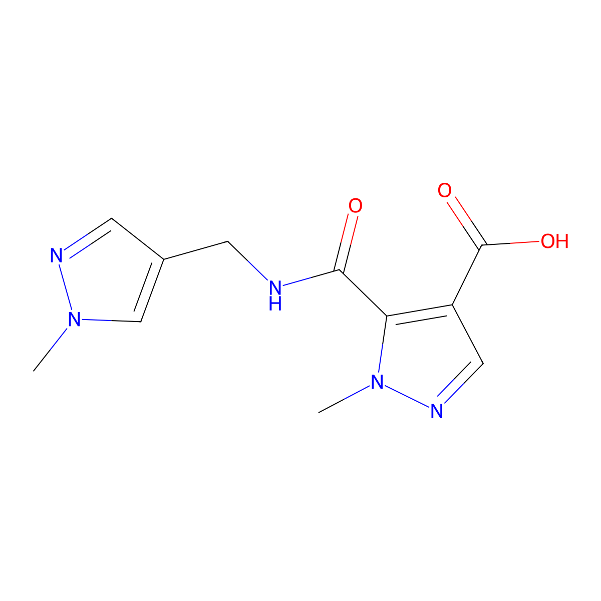 1-Methyl-5-({[(1-methyl-1H-pyrazol-4-YL)methyl]amino}carbonyl)-1H-pyrazole-4-carboxylic acid molecular structure, CAS 1006456-01-4