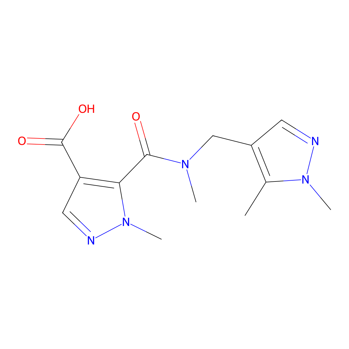 5-(((1,5-Dimethyl-1H-pyrazol-4-yl)methyl)(methyl)carbamoyl)-1-methyl-1H-pyrazole-4-carboxylic acid molecular structure, CAS 1006456-41-2