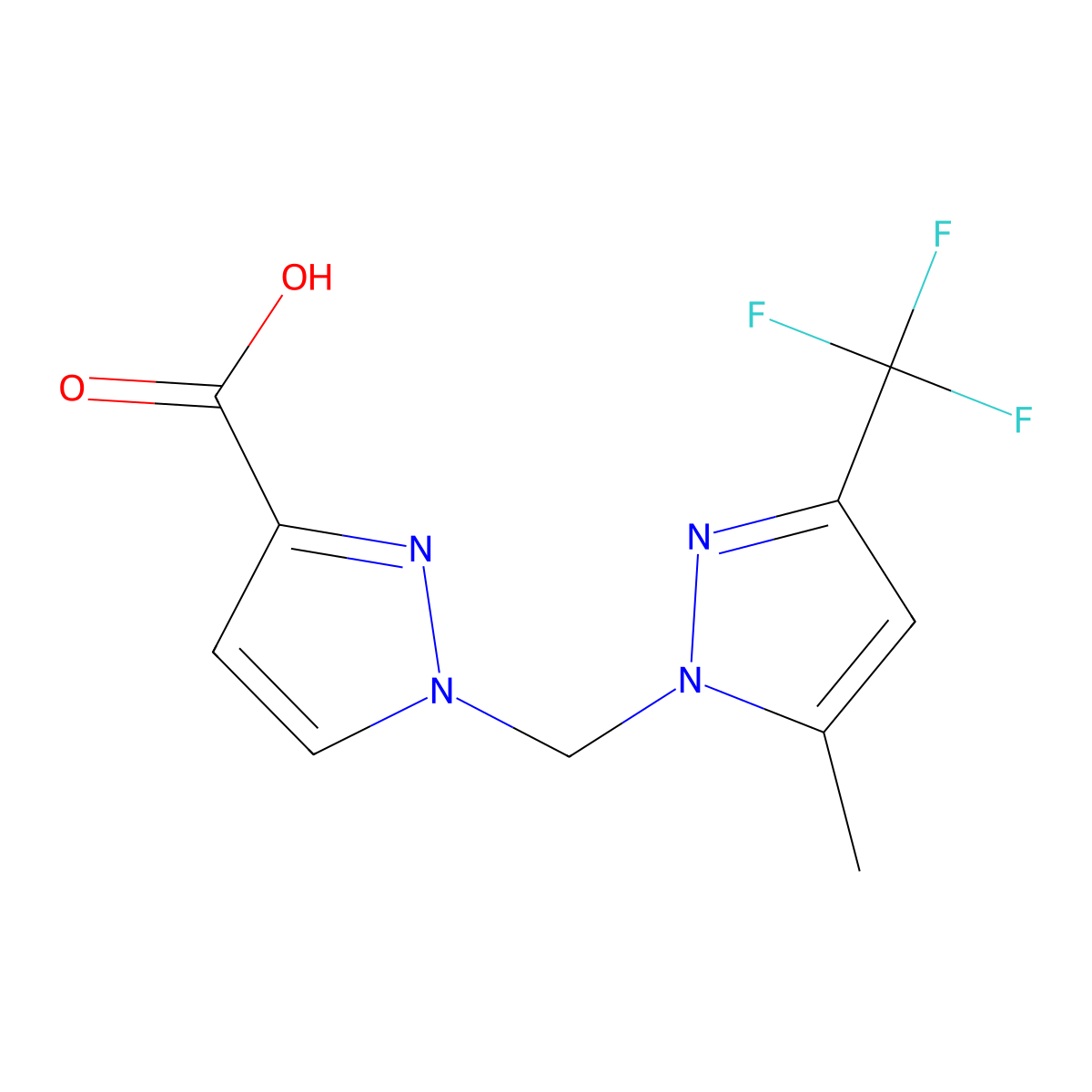 1-((5-methyl-3-(trifluoromethyl)-1H-pyrazol-1-yl)methyl)-1H-pyrazole-3-carboxylic acid molecular structure, CAS 1006459-10-4