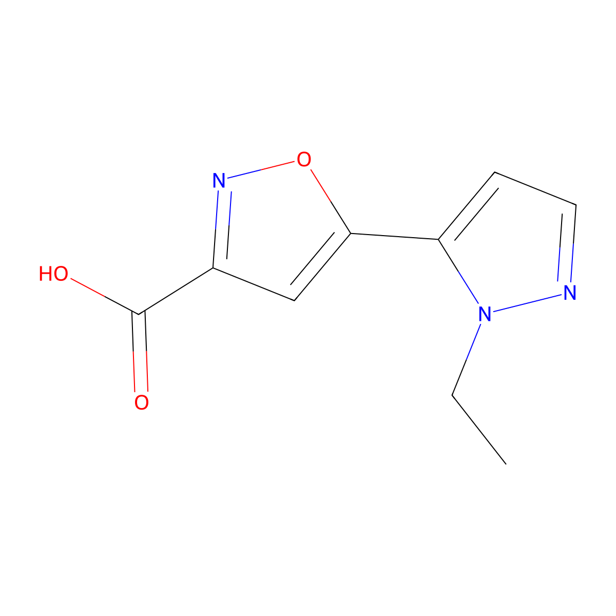 5-(1-ethyl-1H-pyrazol-5-yl)-1,2-oxazole-3-carboxylic acid molecular structure, CAS 1006459-13-7