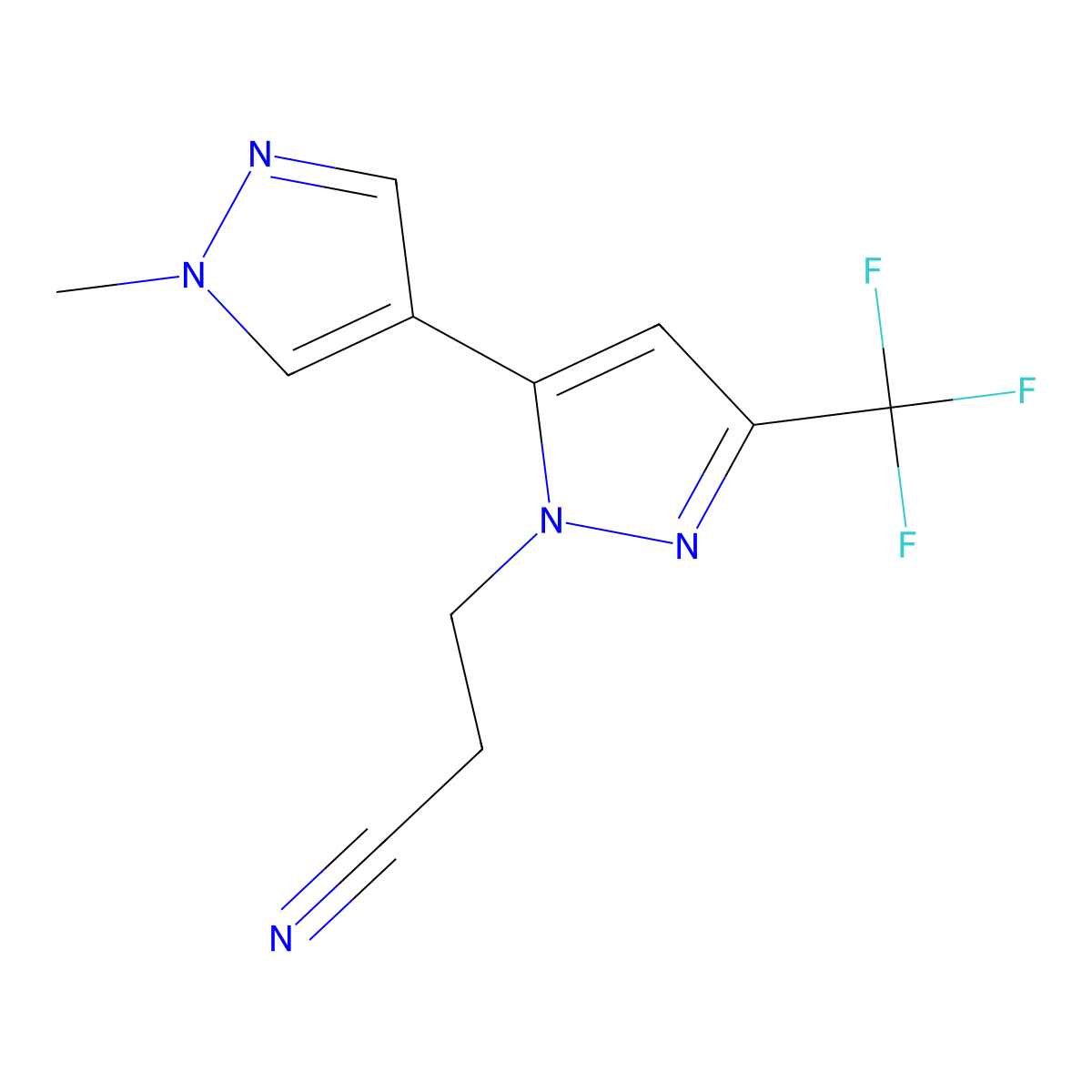 3-(1'-Methyl-5-(trifluoromethyl)-1'H,2H-[3,4'-bipyrazol]-2-yl)propanenitrile molecular structure, CAS 1006461-64-8