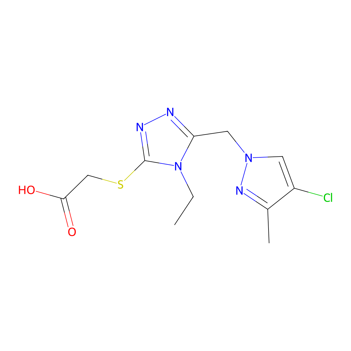 2-((5-((4-Chloro-3-methyl-1H-pyrazol-1-yl)methyl)-4-ethyl-4H-1,2,4-triazol-3-yl)thio)acetic acid molecular structure, CAS 1006471-35-7