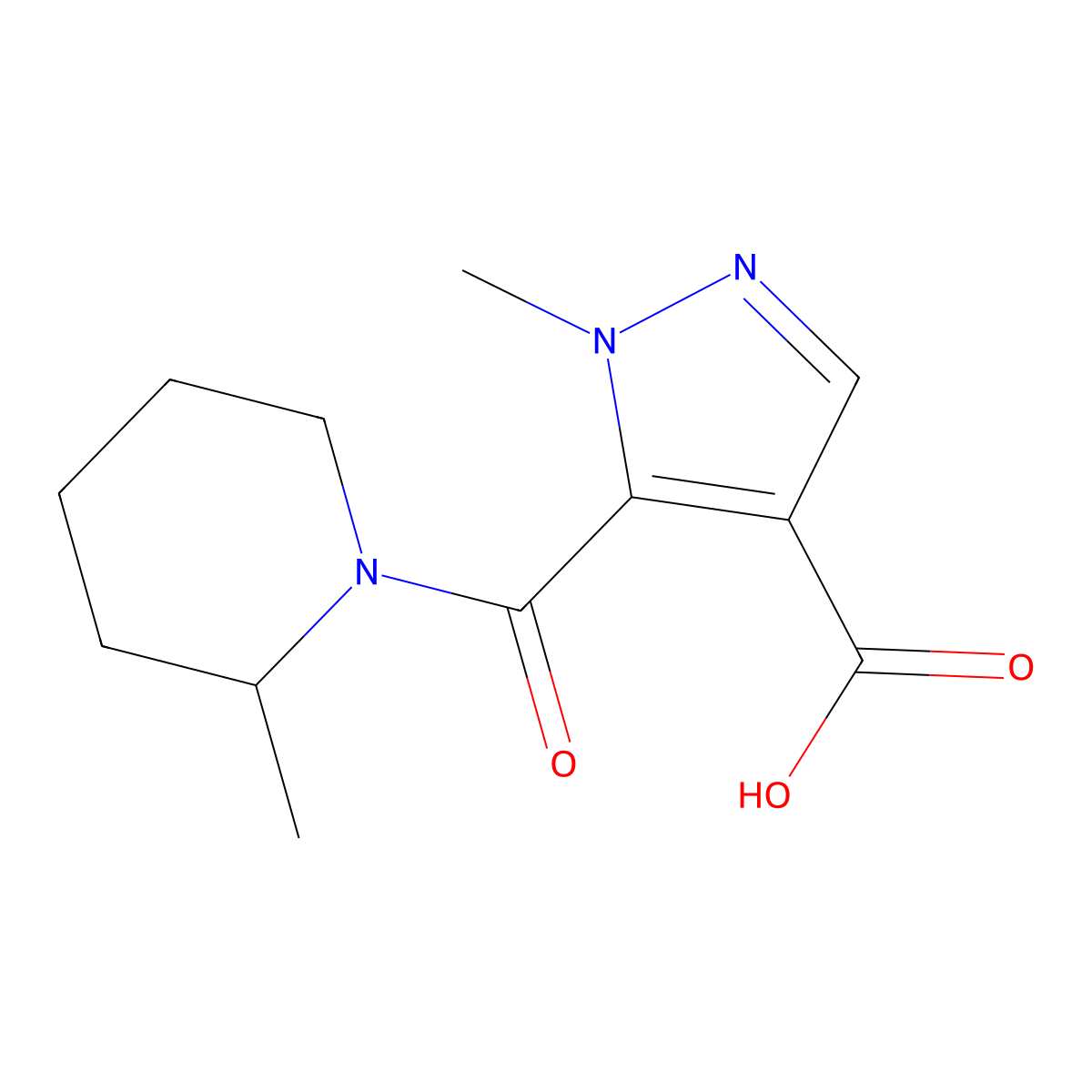 1-methyl-5-[(2-methylpiperidin-1-yl)carbonyl]-1H-pyrazole-4-carboxylic acid molecular structure, CAS 1006476-51-2