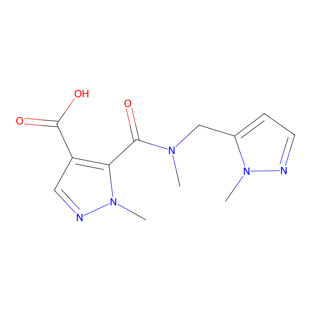 1-Methyl-5-({methyl[(1-methyl-1H-pyrazol-5-YL)methyl]amino}carbonyl)-1H-pyrazole-4-carboxylic acid molecular structure, CAS 1006477-07-1