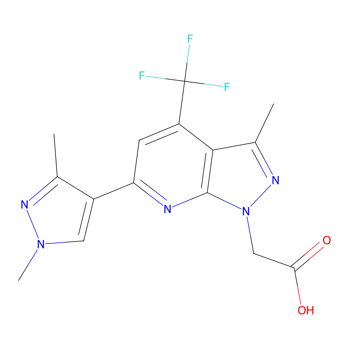 2-(6-(1,3-Dimethyl-1H-pyrazol-4-yl)-3-methyl-4-(trifluoromethyl)-1H-pyrazolo[3,4-b]pyridin-1-yl)acetic acid molecular structure, CAS 1006477-40-2