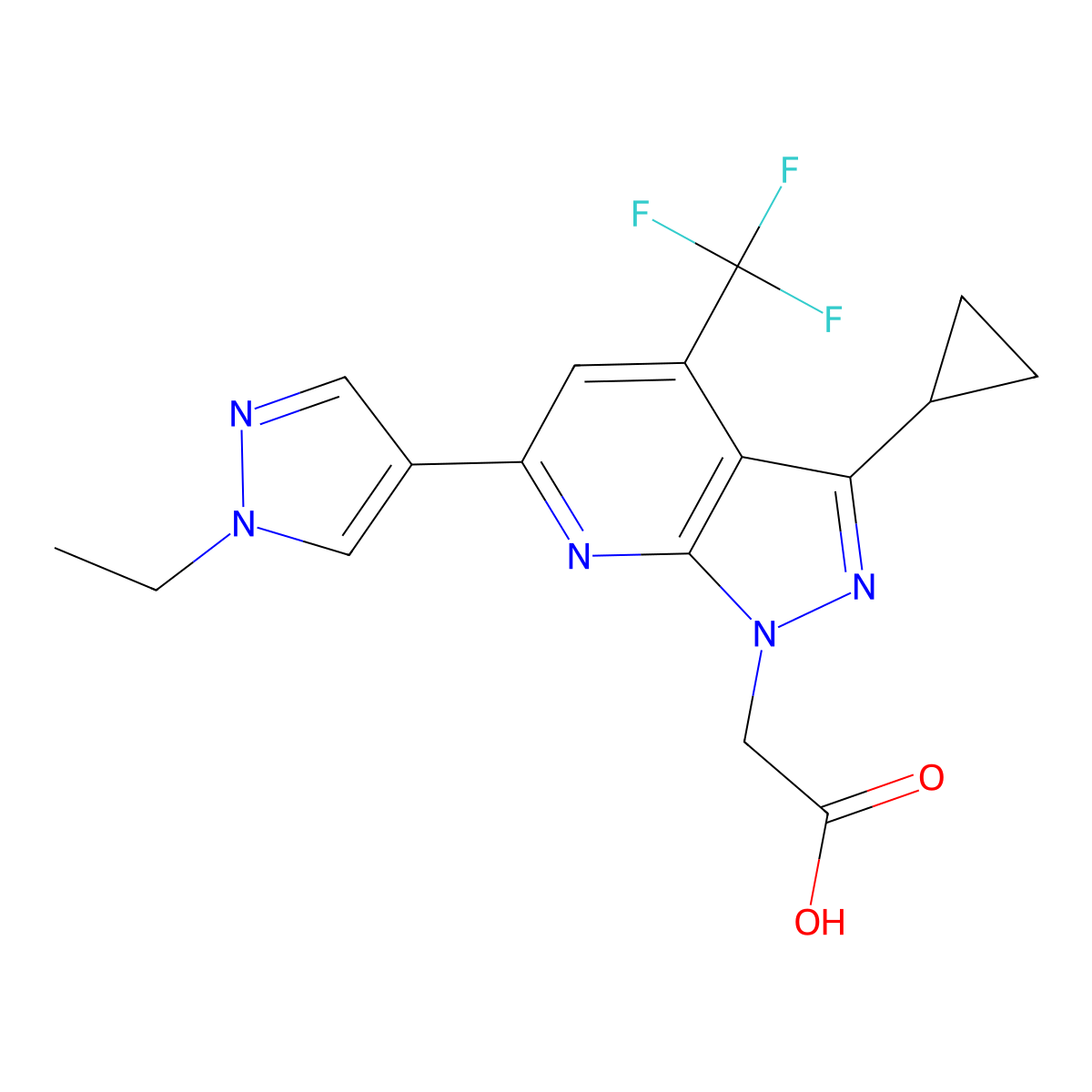 2-(3-Cyclopropyl-6-(1-ethyl-1H-pyrazol-4-yl)-4-(trifluoromethyl)-1H-pyrazolo[3,4-b]pyridin-1-yl)acetic acid molecular structure, CAS 1006477-52-6