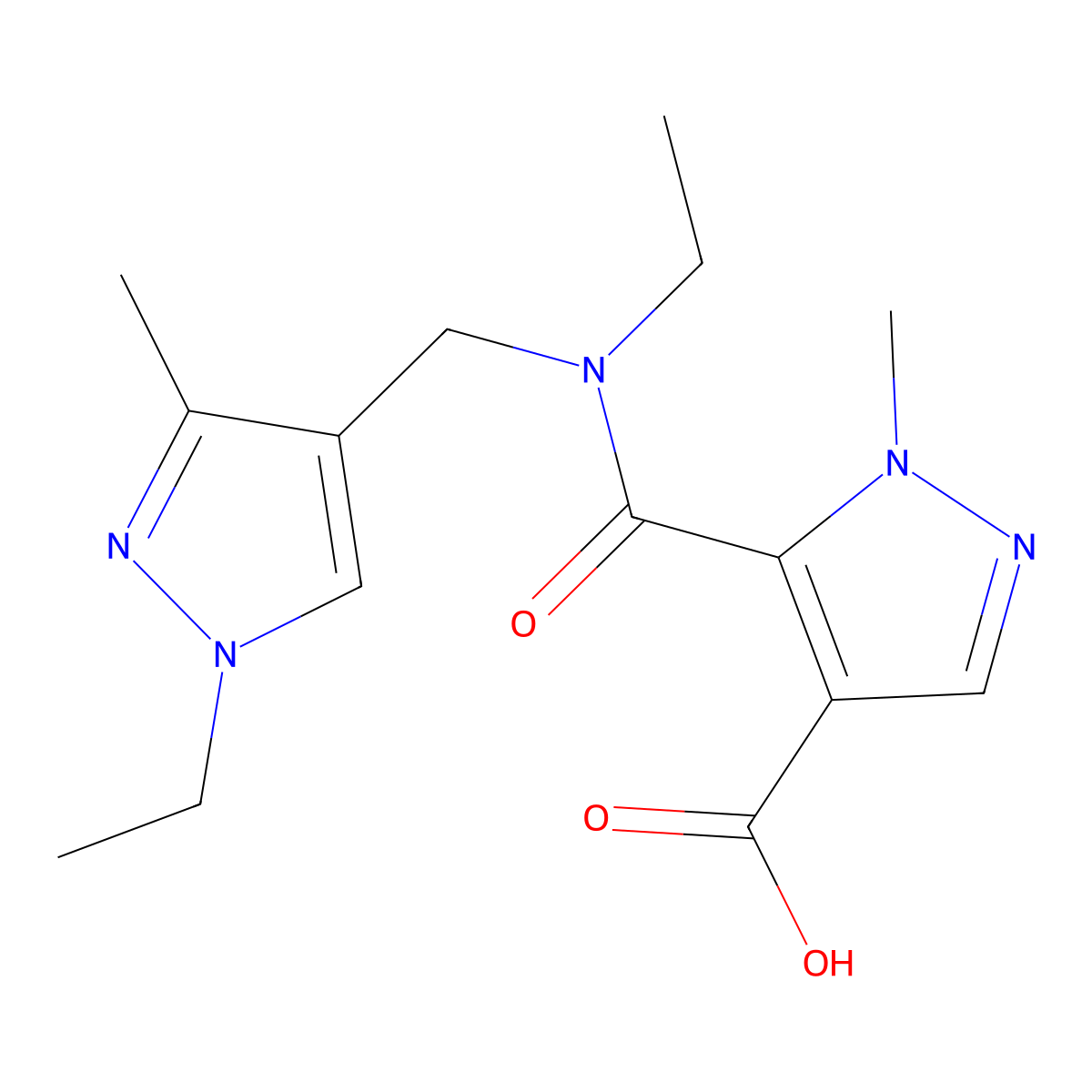 5-(Ethyl((1-ethyl-3-methyl-1H-pyrazol-4-yl)methyl)carbamoyl)-1-methyl-1H-pyrazole-4-carboxylic acid molecular structure, CAS 1006477-69-5