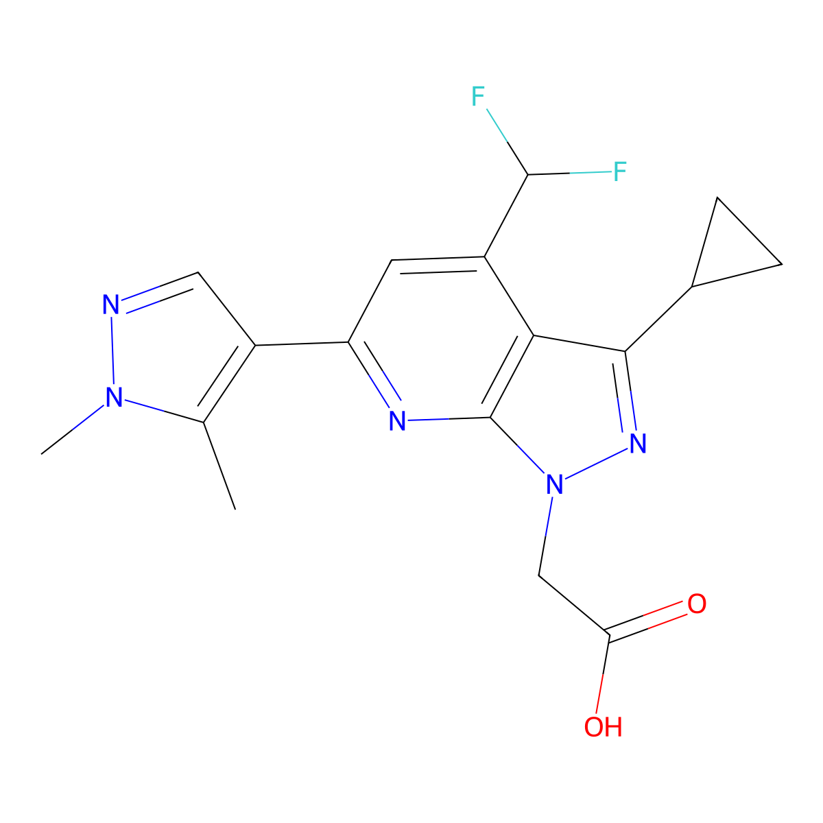 2-(3-Cyclopropyl-4-(difluoromethyl)-6-(1,5-dimethyl-1H-pyrazol-4-yl)-1H-pyrazolo[3,4-b]pyridin-1-yl)acetic acid molecular structure, CAS 1006478-10-9