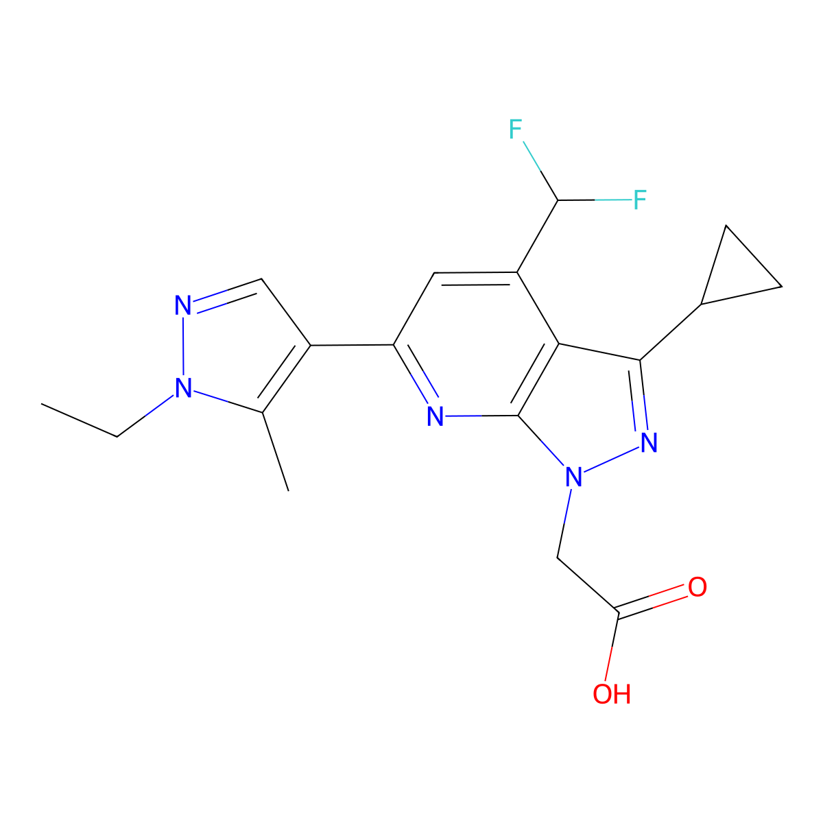 [3-cyclopropyl-4-(difluoromethyl)-6-(1-ethyl-5-methyl-1H-pyrazol-4-yl)-1H-pyrazolo[3,4-b]pyridin-1-yl]acetic acid molecular structure, CAS 1006478-14-3