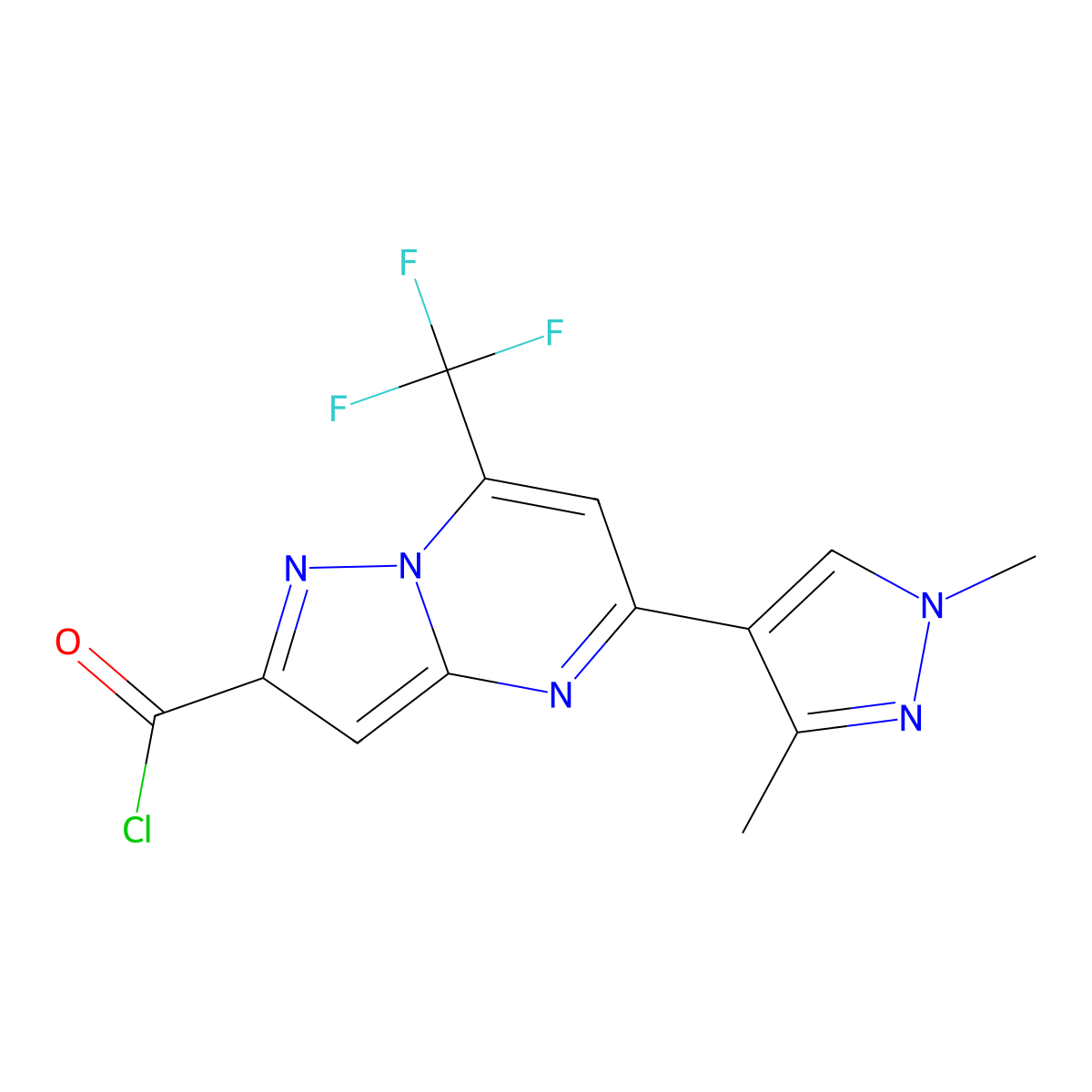 5-(1,3-dimethyl-1H-pyrazol-4-yl)-7-(trifluoromethyl)pyrazolo[1,5-a]pyrimidine-2-carbonyl chloride molecular structure, CAS 1006481-23-7
