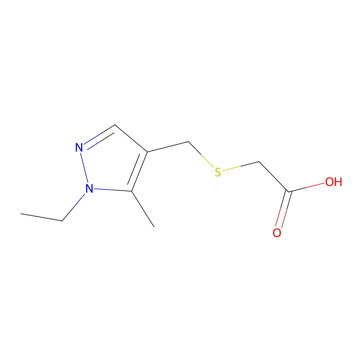 2-(((1-Ethyl-5-methyl-1H-pyrazol-4-yl)methyl)thio)acetic acid molecular structure, CAS 1006483-08-4