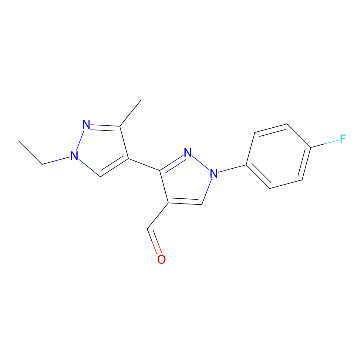 1'-Ethyl-1-(4-fluorophenyl)-3'-methyl-1H,1'H-[3,4'-bipyrazole]-4-carbaldehyde molecular structure, CAS 1006483-41-5