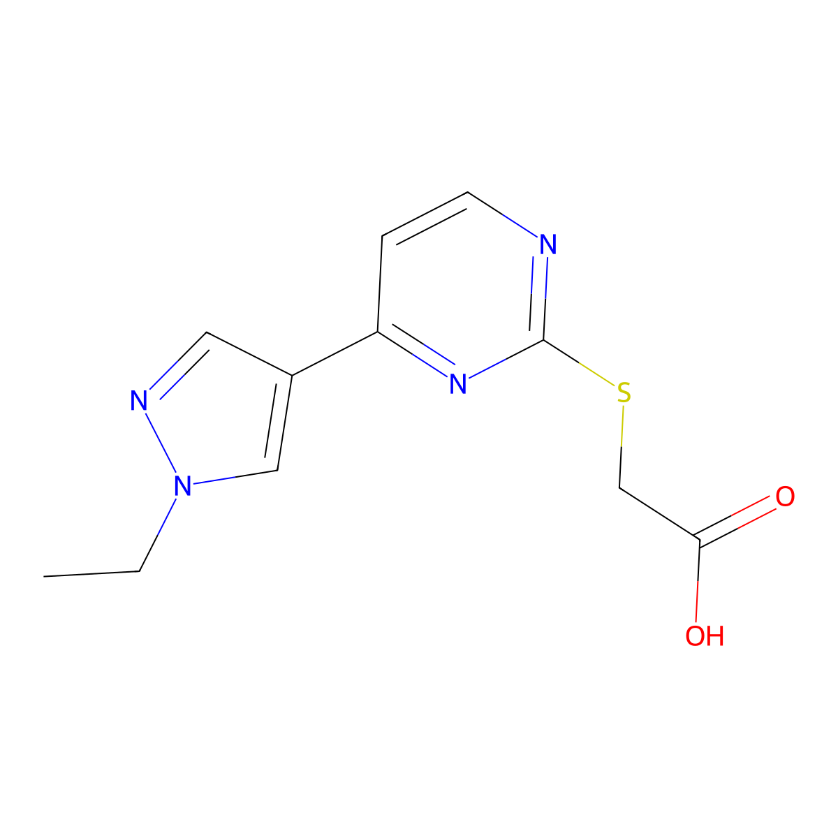2-((4-(1-Ethyl-1H-pyrazol-4-yl)pyrimidin-2-yl)thio)acetic acid molecular structure, CAS 1006486-43-6