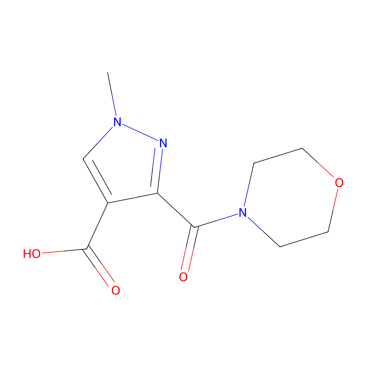 1-methyl-3-(morpholin-4-ylcarbonyl)-1H-pyrazole-4-carboxylic acid molecular structure, CAS 1006491-12-8