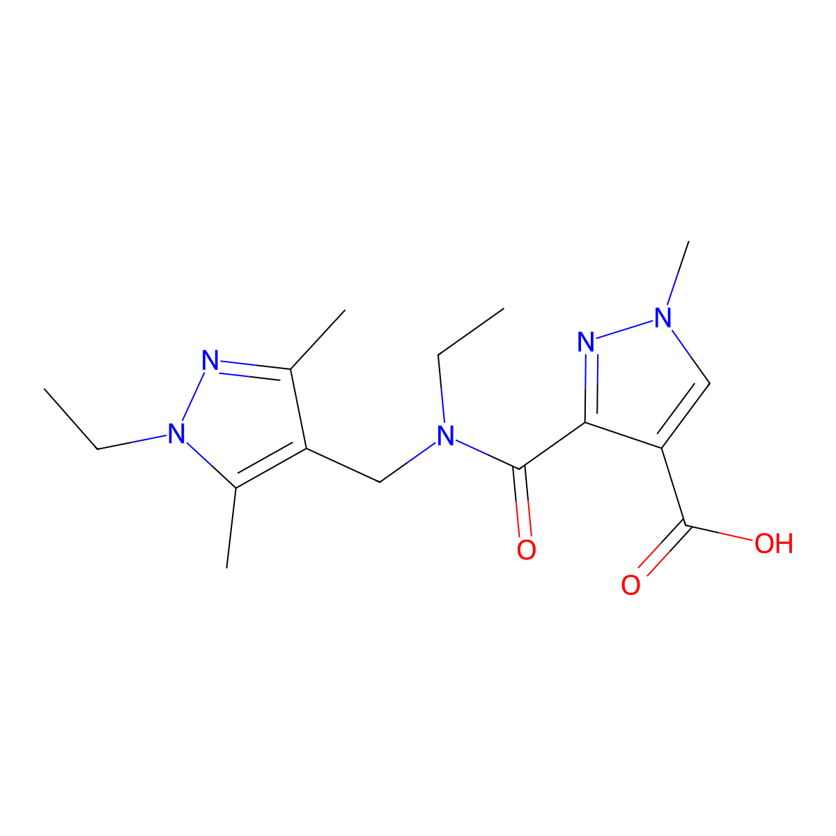 3-(Ethyl((1-ethyl-3,5-dimethyl-1H-pyrazol-4-yl)methyl)carbamoyl)-1-methyl-1H-pyrazole-4-carboxylic acid molecular structure, CAS 1006492-55-2