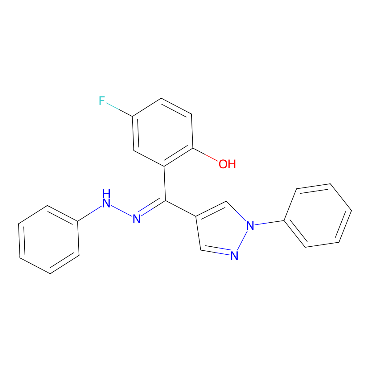 4-fluoro-2-[(1-phenyl-1H-pyrazol-4-yl)(2-phenylhydrazin-1-ylidene)methyl]phenol molecular structure, CAS 1006492-56-3