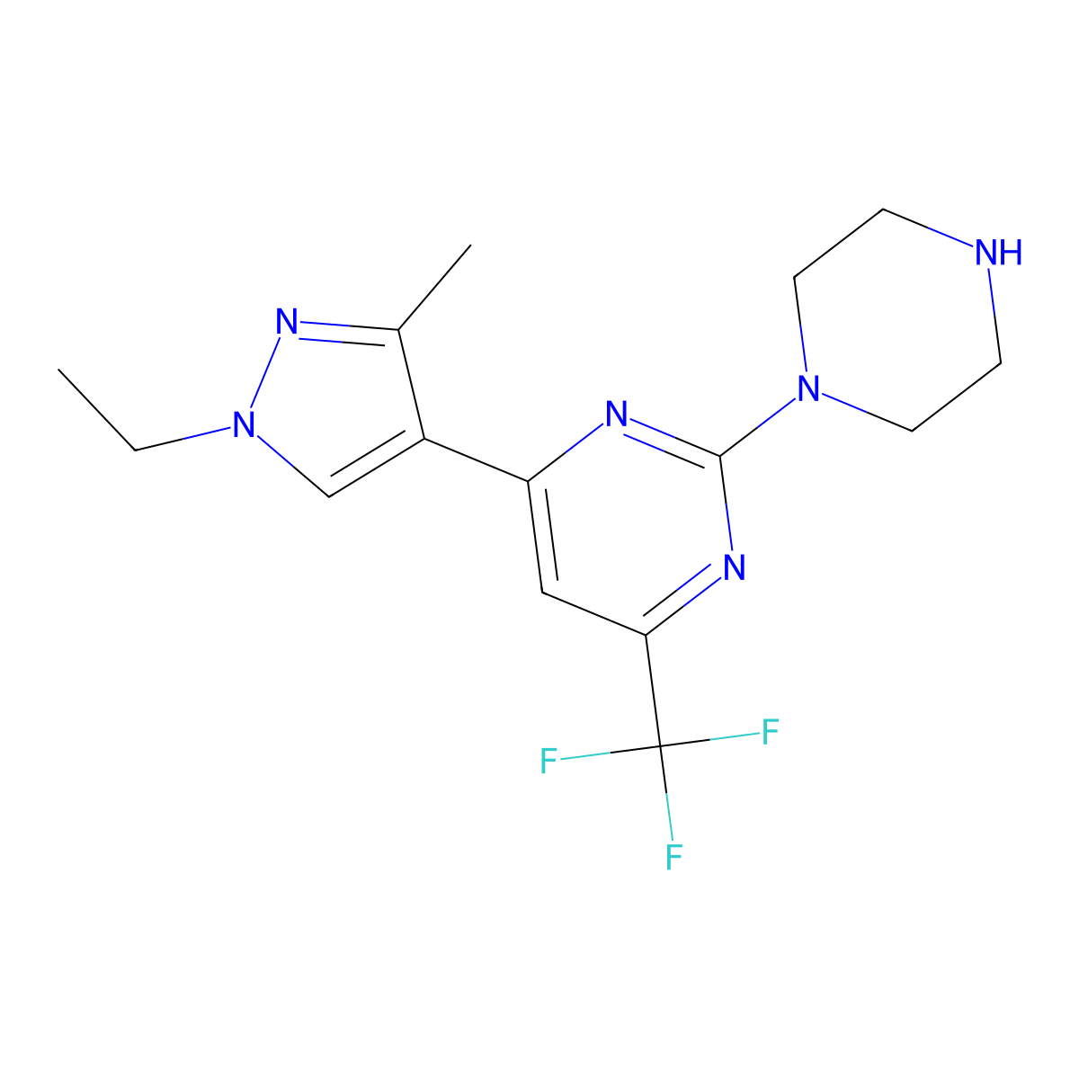 4-(1-Ethyl-3-methyl-1H-pyrazol-4-YL)-2-piperazin-1-YL-6-(trifluoromethyl)pyrimidine molecular structure, CAS 1006493-22-6