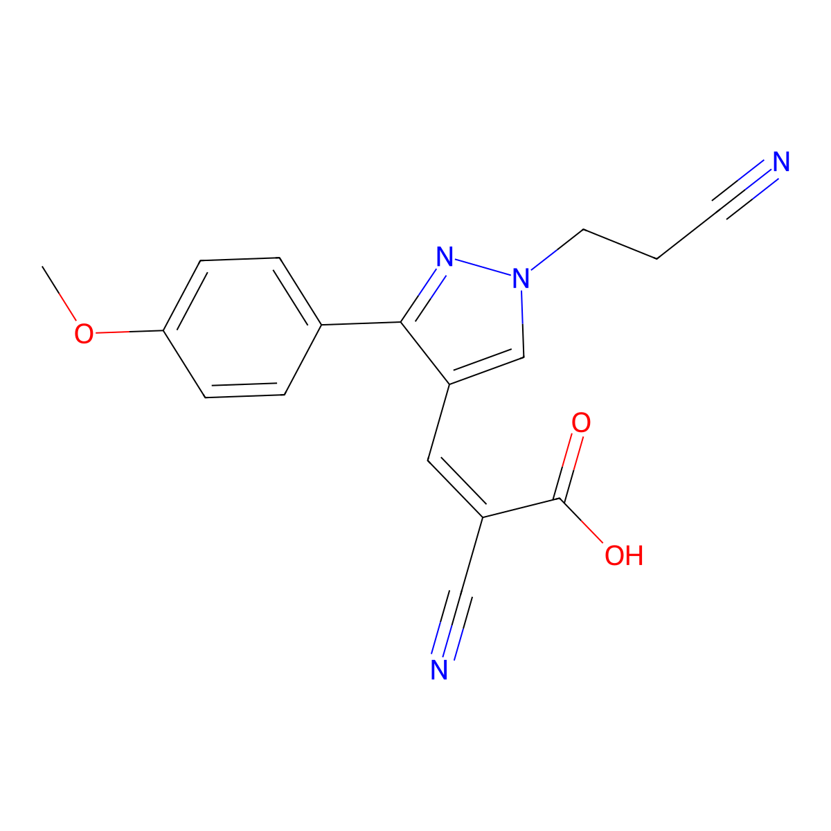 2-cyano-3-[1-(2-cyanoethyl)-3-(4-methoxyphenyl)-1H-pyrazol-4-yl]prop-2-enoic acid molecular structure, CAS 1006493-33-9