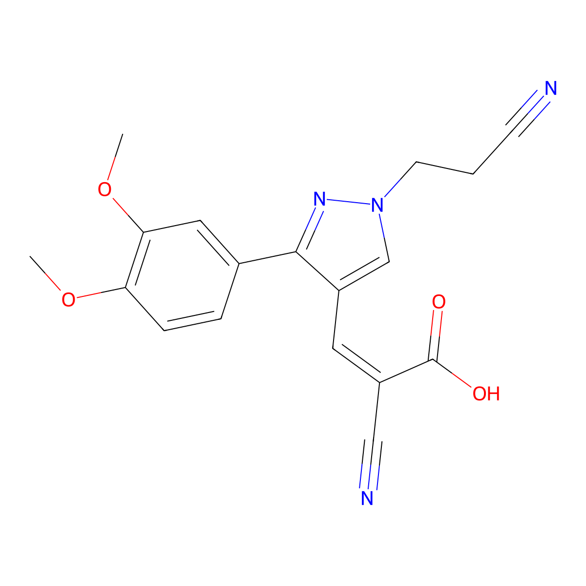 2-cyano-3-[1-(2-cyanoethyl)-3-(3,4-dimethoxyphenyl)-1H-pyrazol-4-yl]prop-2-enoic acid molecular structure, CAS 1006493-54-4