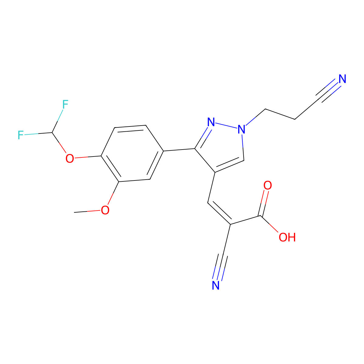 2-cyano-3-[1-(2-cyanoethyl)-3-[4-(difluoromethoxy)-3-methoxyphenyl]-1H-pyrazol-4-yl]prop-2-enoic acid molecular structure, CAS 1006493-62-4