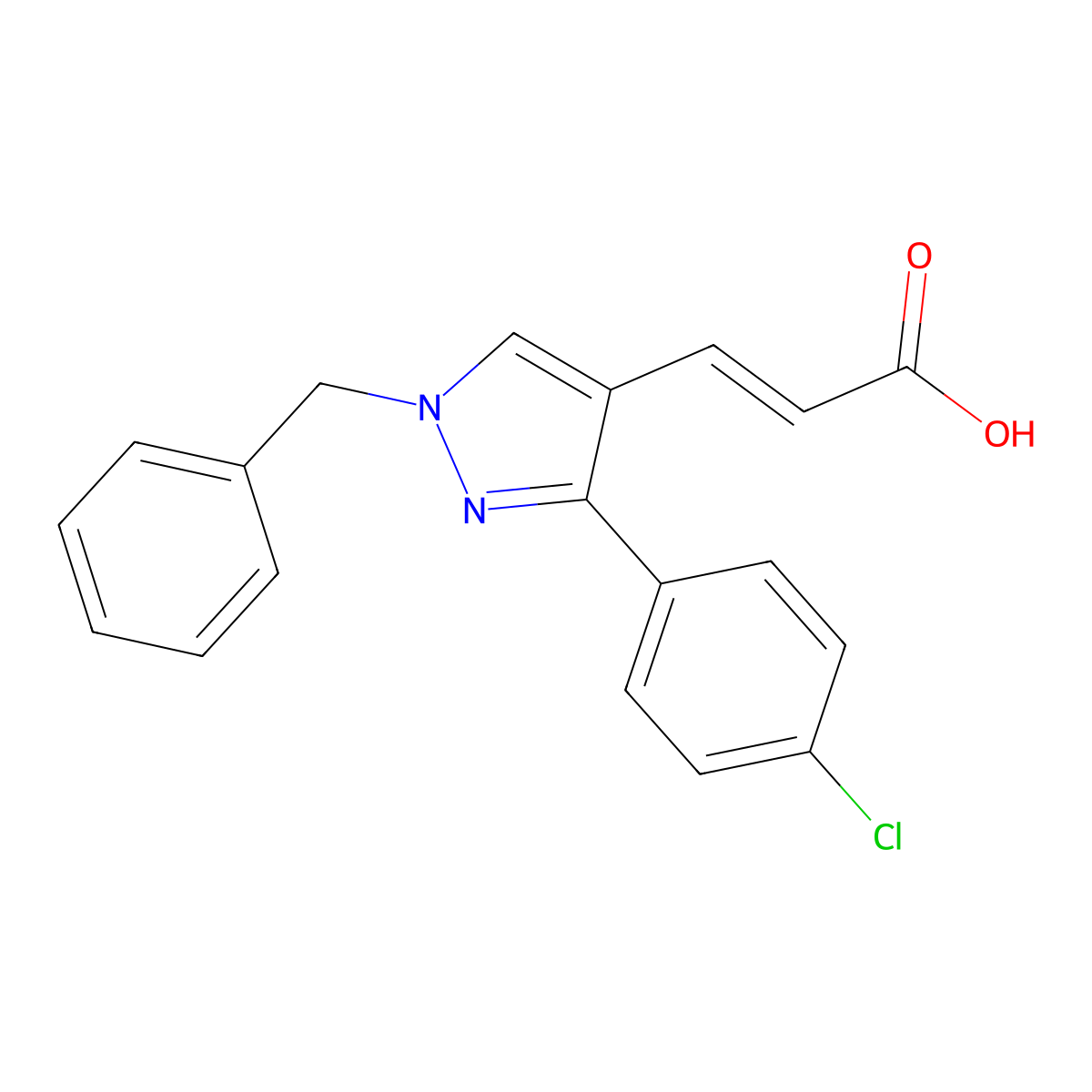 (E)-3-[1-benzyl-3-(4-chlorophenyl)pyrazol-4-yl]prop-2-enoic acid molecular structure, CAS 1006494-59-2