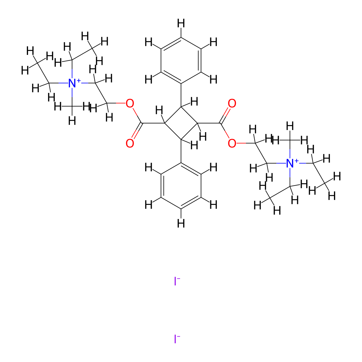 N,N'-((2,4-Diphenylcyclobutane-1,3-diyl)bis(carbonyloxyethane-2,1-diyl))bis(N-ethyl-N-methylethan-1-aminium) diiodide molecular structure, CAS 10066-72-5