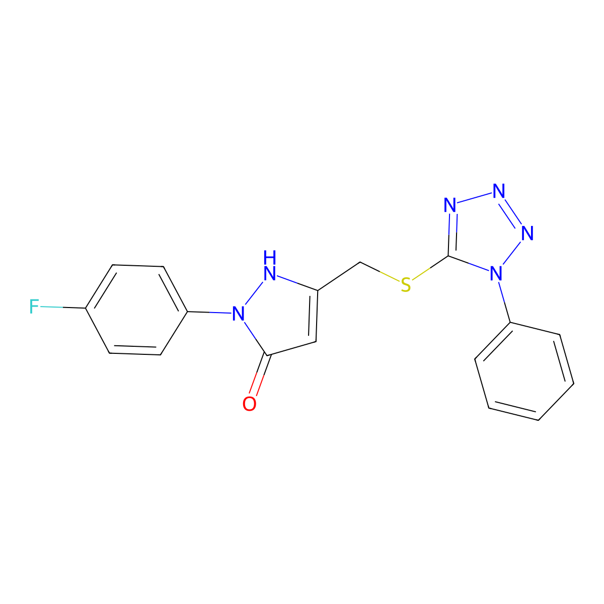 2-(4-fluorophenyl)-5-{[(1-phenyl-1H-tetrazol-5-yl)sulfanyl]methyl}-1,2-dihydro-3H-pyrazol-3-one molecular structure, CAS 1006662-55-0
