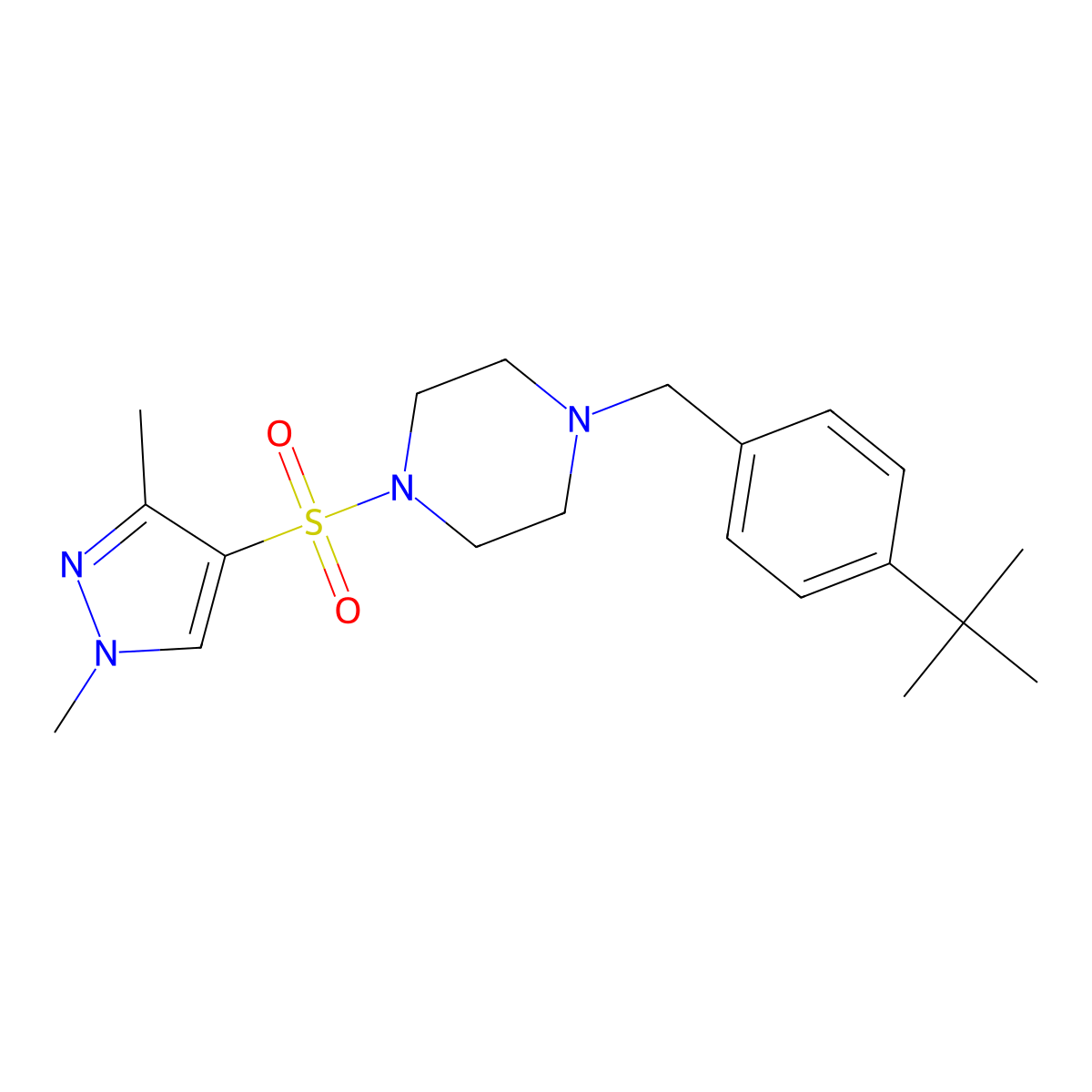4-[(4-{[4-(Tert-butyl)phenyl]methyl}piperazinyl)sulfonyl]-1,3-dimethylpyrazole molecular structure, CAS 1006669-18-6